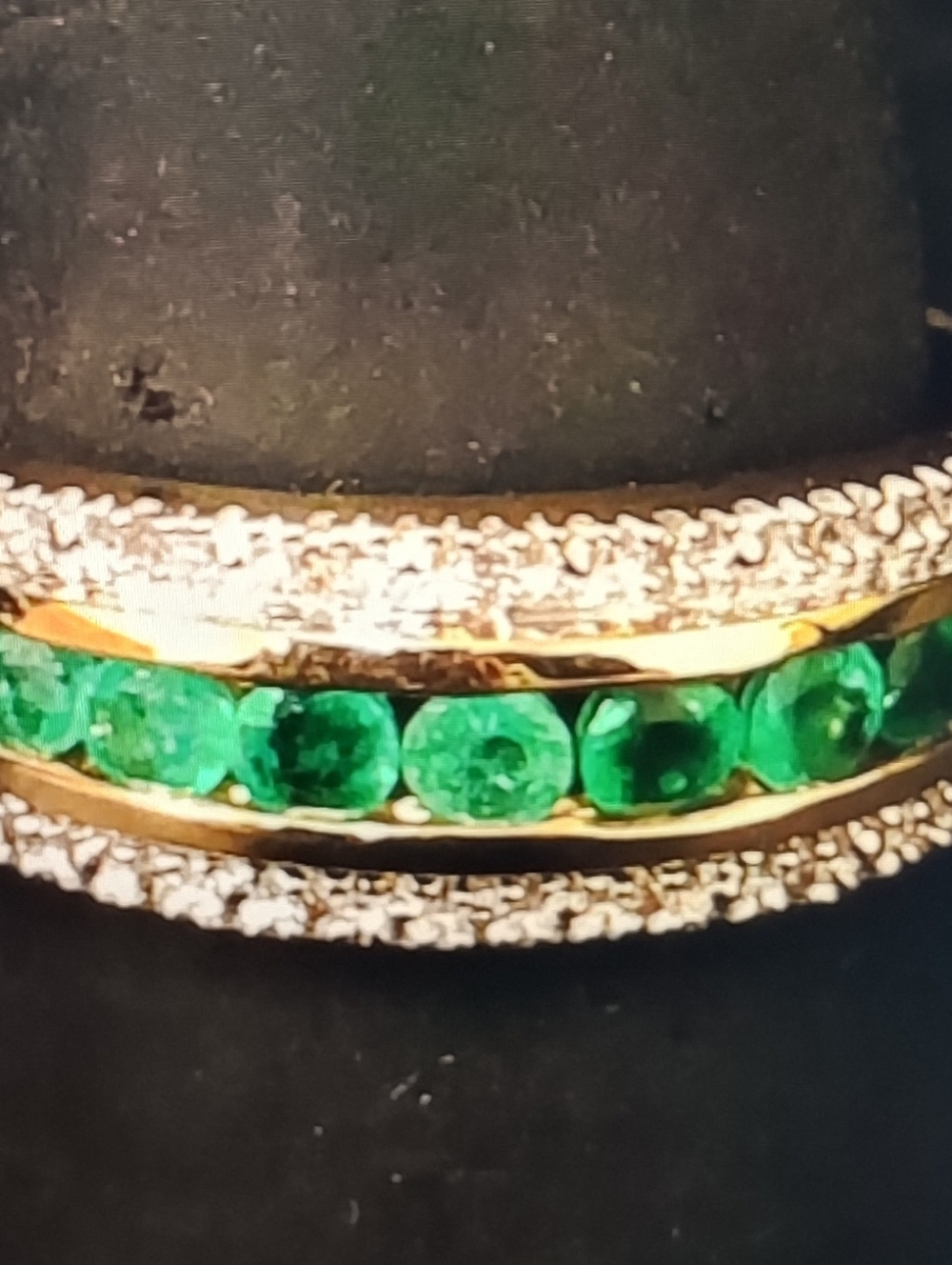 Gold Band Ring with Emerald Green Stones and Pavé Diamonds